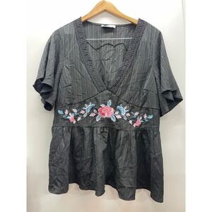 Rusttydustty‎ Womens 2XL Black Floral Embroidered Crochet Trim Peplum Blouse Top